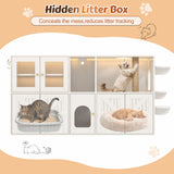 Cat Litter Box Enclosure Cat House with Scratching Post, LED Light, Hooks & Charging Ports, TV Stand Storage Cabinet Sideboard, White