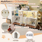 Cat Litter Box Enclosure Cat House with Scratching Post, LED Light, Hooks & Charging Ports, TV Stand Storage Cabinet Sideboard, White