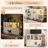 Cat Litter Box Enclosure Cat House with Scratching Post, LED Light, Hooks & Charging Ports, TV Stand Storage Cabinet Sideboard, White