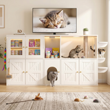 Cat Litter Box Enclosure Cat House with Scratching Post, LED Light, Hooks & Charging Ports, TV Stand Storage Cabinet Sideboard, White