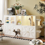 Cat Litter Box Enclosure Cat House with Scratching Post, LED Light, Hooks & Charging Ports, TV Stand Storage Cabinet Sideboard, White