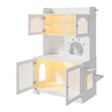 Cat Litter Box Enclosure Cat House Indoor Cat Tree Combo for Food with Climbing Platforms, LED Light, Hooks & Storage Cabinet, White