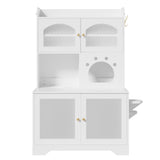 Cat Litter Box Enclosure Cat House Indoor Cat Tree Combo for Food with Climbing Platforms, LED Light, Hooks & Storage Cabinet, White