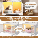 Cat Litter Box Enclosure Cat House Indoor Cat Tree Combo for Food with Climbing Platforms, LED Light, Hooks & Storage Cabinet, White