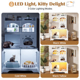 Cat Litter Box Enclosure Cat House Indoor Cat Tree Combo for Food with Climbing Platforms, LED Light, Hooks & Storage Cabinet, White