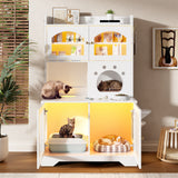 Cat Litter Box Enclosure Cat House Indoor Cat Tree Combo for Food with Climbing Platforms, LED Light, Hooks & Storage Cabinet, White