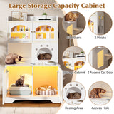 Cat Litter Box Enclosure Cat House Indoor Cat Tree Combo for Food with Climbing Platforms, LED Light, Hooks & Storage Cabinet, White