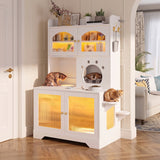 Cat Litter Box Enclosure Cat House Indoor Cat Tree Combo for Food with Climbing Platforms, LED Light, Hooks & Storage Cabinet, White