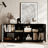 4-Door Accent Storage Cabinet with Art Spiral Doors, Kitchen Buffet Mid Century Modern Sideboard Credenza Console Table TV Stand, Black