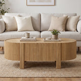 Farmhouse 47"W Oval Fluted Wood Coffee Table, Tambour Center Table with 1 Hidden Drawer for Living Room, Small Space