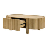 Farmhouse 47"W Oval Fluted Wood Coffee Table, Tambour Center Table with 1 Hidden Drawer for Living Room, Small Space