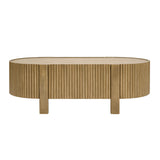 Farmhouse 47"W Oval Fluted Wood Coffee Table, Tambour Center Table with 1 Hidden Drawer for Living Room, Small Space
