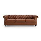 Chesterfield 3-Seater Sofa Classic Tufted Couch Leather Lounge Sofa with Solid Wood Legs, Rolled Arms & Nailhead Trim, Brown