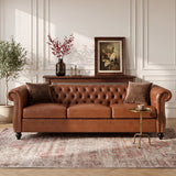 Chesterfield 3-Seater Sofa Classic Tufted Couch Leather Lounge Sofa with Solid Wood Legs, Rolled Arms & Nailhead Trim, Brown