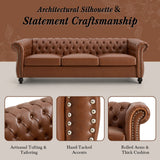 Chesterfield 3-Seater Sofa Classic Tufted Couch Leather Lounge Sofa with Solid Wood Legs, Rolled Arms & Nailhead Trim, Brown