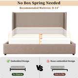 King Size Upholstered Bed with Soft Padded Tall Wingback Headboard, Low Profile Platform Bed with Rubber Wood Support Legs, Warm Taupe