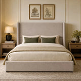King Size Upholstered Bed with Soft Padded Tall Wingback Headboard, Low Profile Platform Bed with Rubber Wood Support Legs, Warm Taupe