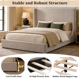 King Size Upholstered Bed with Soft Padded Tall Wingback Headboard, Low Profile Platform Bed with Rubber Wood Support Legs, Warm Taupe