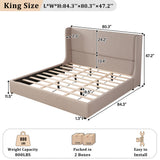 King Size Upholstered Bed with Soft Padded Tall Wingback Headboard, Low Profile Platform Bed with Rubber Wood Support Legs, Warm Taupe