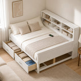 Full Size Wooden Daybed Sofa Bed Frame with Fluted Panel Design, Charging Station & 2 Storage Drawers