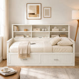 Full Size Wooden Daybed Sofa Bed Frame with Fluted Panel Design, Charging Station & 2 Storage Drawers