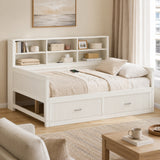 Full Size Wooden Daybed Sofa Bed Frame with Fluted Panel Design, Charging Station & 2 Storage Drawers