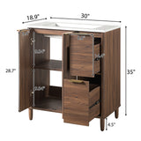 Moisture-Resistant 30" Bathroom Vanity with Scratch-Resistant Sink, Walnut Fluted Bathroom Cabinet with 2 Drawers& Soft Closing Door