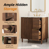 Moisture-Resistant 30" Bathroom Vanity with Scratch-Resistant Sink, Walnut Fluted Bathroom Cabinet with 2 Drawers& Soft Closing Door
