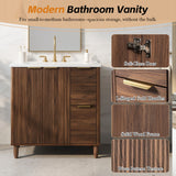 Moisture-Resistant 30" Bathroom Vanity with Scratch-Resistant Sink, Walnut Fluted Bathroom Cabinet with 2 Drawers& Soft Closing Door