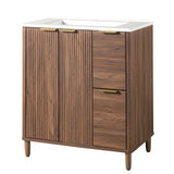 Moisture-Resistant 30" Bathroom Vanity with Scratch-Resistant Sink, Walnut Fluted Bathroom Cabinet with 2 Drawers& Soft Closing Door