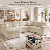 Sectional Sofa U-Shaped 116" Modular Sofa Couch with Storage Chaise, USB Ports & 3 Decor Pillows, Beige
