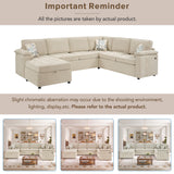 Sectional Sofa U-Shaped 116" Modular Sofa Couch with Storage Chaise, USB Ports & 3 Decor Pillows, Beige