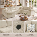 Sectional Sofa U-Shaped 116" Modular Sofa Couch with Storage Chaise, USB Ports & 3 Decor Pillows, Beige