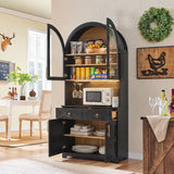 Arched Kitchen Pantry, Accent Storage Cabinet with Power Outlet, LED Light, 2 Drawers, Adjustable Shelves for Kitchen, Living room