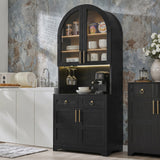 Arched Kitchen Pantry, Accent Storage Cabinet with Power Outlet, LED Light, 2 Drawers, Adjustable Shelves for Kitchen, Living room