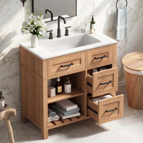 30" Bathroom Vanity Bathroom Cabinet with Stain&Scratch-Resistant Sink, Adjustable Shelves & Breathable Hollow Shelf, Natural