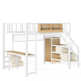 Full Size Heavy Duty Metal Loft Bed with Wardrobe, USB Port, Desk, Storage Stair, Drawers & LED Light, White