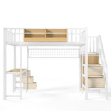 Full Size Heavy Duty Metal Loft Bed with Wardrobe, USB Port, Desk, Storage Stair, Drawers & LED Light, White