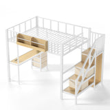 Full Size Heavy Duty Metal Loft Bed with Wardrobe, USB Port, Desk, Storage Stair, Drawers & LED Light, White