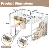 Full Size Heavy Duty Metal Loft Bed with Wardrobe, USB Port, Desk, Storage Stair, Drawers & LED Light, White