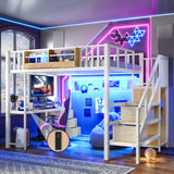 Full Size Heavy Duty Metal Loft Bed with Wardrobe, USB Port, Desk, Storage Stair, Drawers & LED Light, White