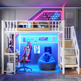 Full Size Heavy Duty Metal Loft Bed with Wardrobe, USB Port, Desk, Storage Stair, Drawers & LED Light, White