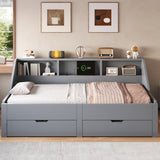 Twin to King Size Daybed Sleeper Sofa Bed Platform Bed with Storage Bookcase Headboard, Charging Ports & 2 Drawers, Gray