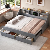 Twin to King Size Daybed Sleeper Sofa Bed Platform Bed with Storage Bookcase Headboard, Charging Ports & 2 Drawers, Gray