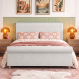 Queen Size Upholstered Sleigh Bed Frame - Linen Platform Bed with High Headboard & Rolled Footboard, Beige