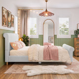 Queen Size Upholstered Sleigh Bed Frame - Linen Platform Bed with High Headboard & Rolled Footboard, Beige