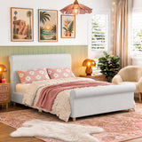 Queen Size Upholstered Sleigh Bed Frame - Linen Platform Bed with High Headboard & Rolled Footboard, Beige