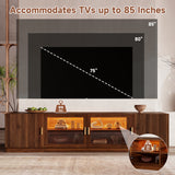 74" Retro TV Stand for TVs up to 85" - Media Console with Glass Doors, Built-In LED Lights & Fluted Cabinets, Walnut