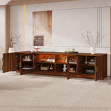 74" Retro TV Stand for TVs up to 85" - Media Console with Glass Doors, Built-In LED Lights & Fluted Cabinets, Walnut