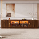 74" Retro TV Stand for TVs up to 85" - Media Console with Glass Doors, Built-In LED Lights & Fluted Cabinets, Walnut